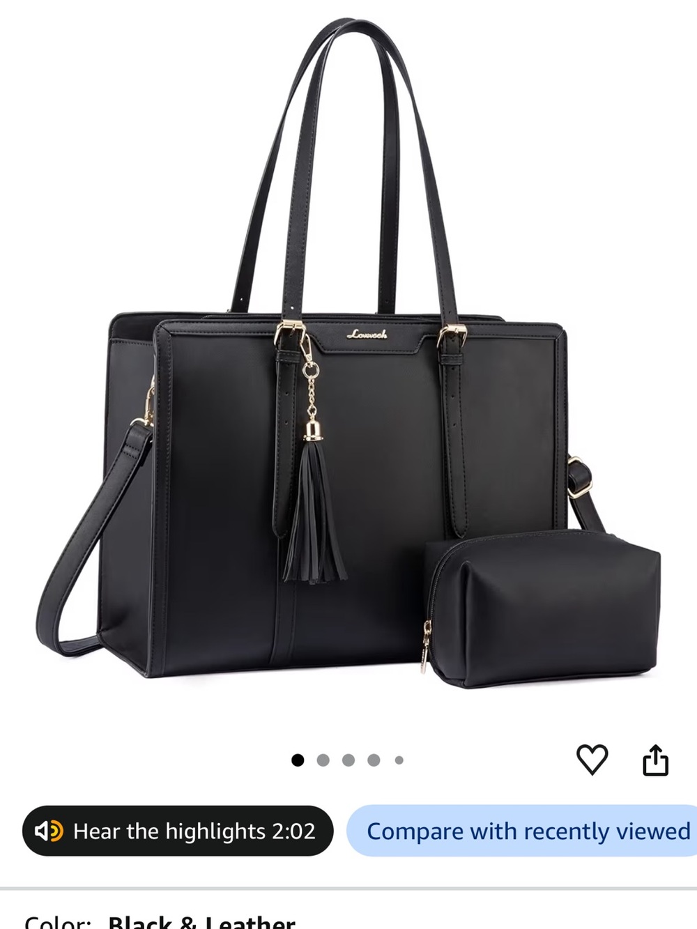 Lovevook 17.3 Black Leather Tote Bag with Tassel and Pouch